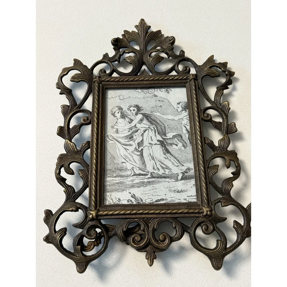 Antique Victorian Ornate Tabletop Easel Picture Frame Cast Brass Metal 4 X 6‎